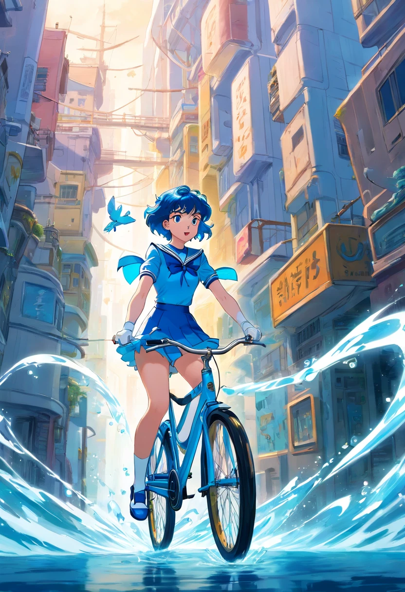 Sailor Mercury rides a bicycle, A complex water structure in a futuristic city