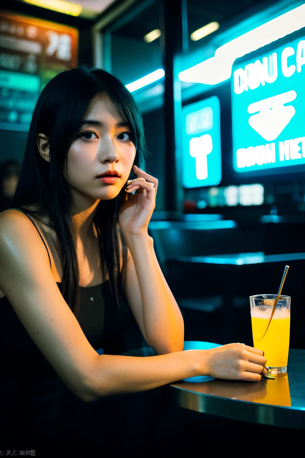 ((Best quality)), ((masterpiece)), (detailed), perfect face, upper body shot, young woman, makeup, street clothing, sitting in cafe in front of a clean black table, neon sign in japanese shining above her on the wall, dim lighting, professional photograph, (bella kotak style of photography, paolo roversi style)