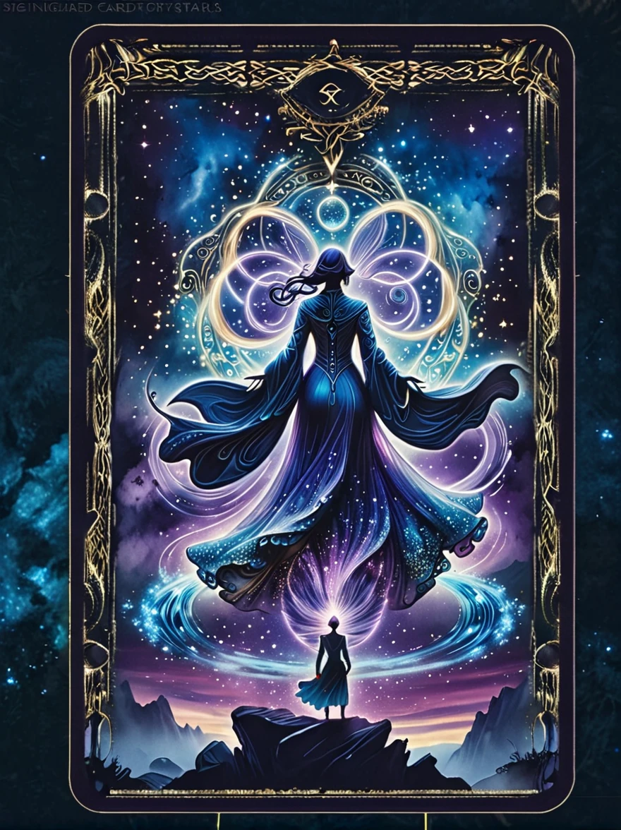 (tarot card:1.5，Rotational symmetry，center），A figure stands on a cliff, enveloped in swirling streams of cosmic energy, amidst a dreamy, nebulous landscape. The silhouette of the person is wrapped in a flowing, ethereal gown that merges with the celestial currents. The sky is a tapestry of deep purples and blues, sprinkled with stars, and the landscape below is hinted at with soft, rolling mountains. The scene is one of tranquility and the sublime, capturing the majestic essence of the cosmos with a single, contemplative figure standing in awe