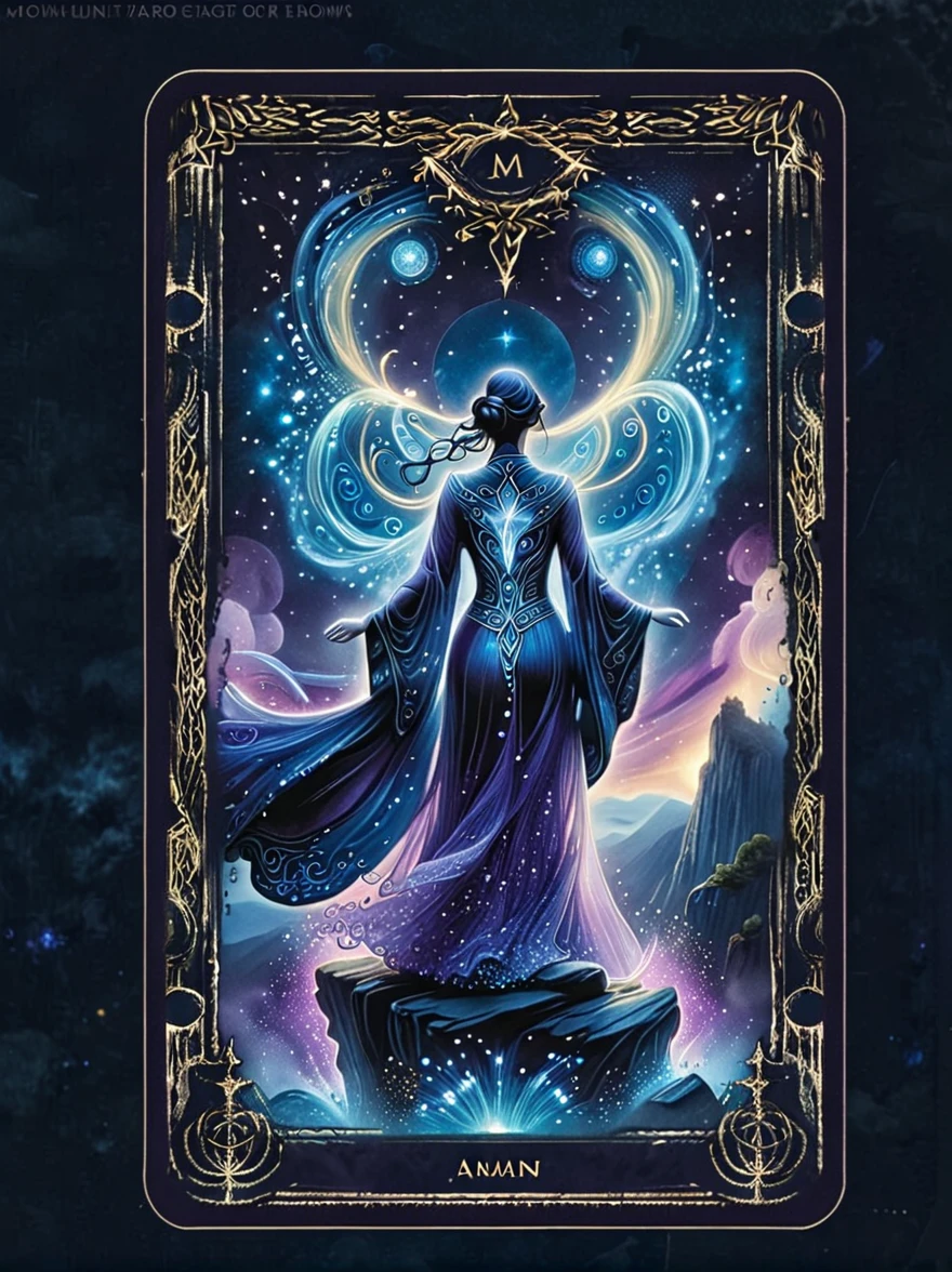 (tarot card:1.5，Rotational symmetry，center），A figure stands on a cliff, enveloped in swirling streams of cosmic energy, amidst a dreamy, nebulous landscape. The silhouette of the person is wrapped in a flowing, ethereal gown that merges with the celestial currents. The sky is a tapestry of deep purples and blues, sprinkled with stars, and the landscape below is hinted at with soft, rolling mountains. The scene is one of tranquility and the sublime, capturing the majestic essence of the cosmos with a single, contemplative figure standing in awe