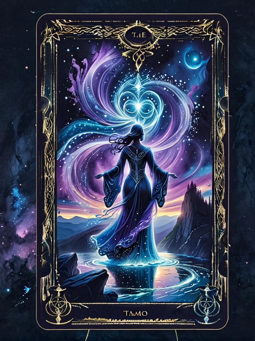 (tarot card:1.5，Rotational symmetry，center），A figure stands on a cliff, enveloped in swirling streams of cosmic energy, amidst a dreamy, nebulous landscape. The silhouette of the person is wrapped in a flowing, ethereal gown that merges with the celestial currents. The sky is a tapestry of deep purples and blues, sprinkled with stars, and the landscape below is hinted at with soft, rolling mountains. The scene is one of tranquility and the sublime, capturing the majestic essence of the cosmos with a single, contemplative figure standing in awe