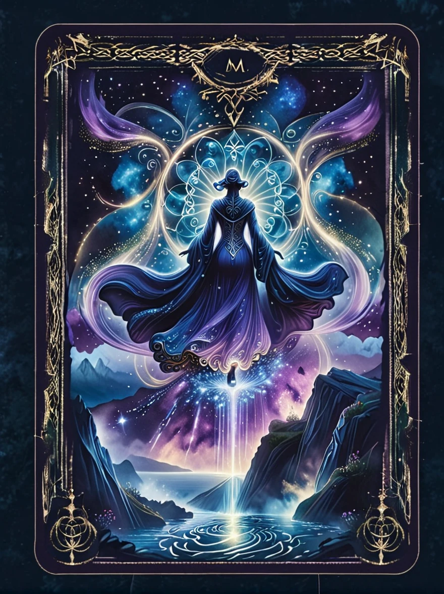 (tarot card:1.5，Rotational symmetry，center），A figure stands on a cliff, enveloped in swirling streams of cosmic energy, amidst a dreamy, nebulous landscape. The silhouette of the person is wrapped in a flowing, ethereal gown that merges with the celestial currents. The sky is a tapestry of deep purples and blues, sprinkled with stars, and the landscape below is hinted at with soft, rolling mountains. The scene is one of tranquility and the sublime, capturing the majestic essence of the cosmos with a single, contemplative figure standing in awe