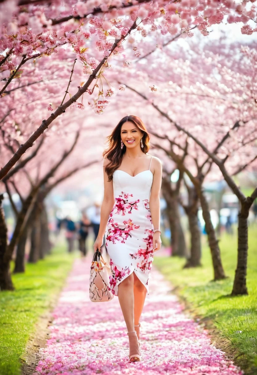 Beautiful woman walking under the cherry blossoms