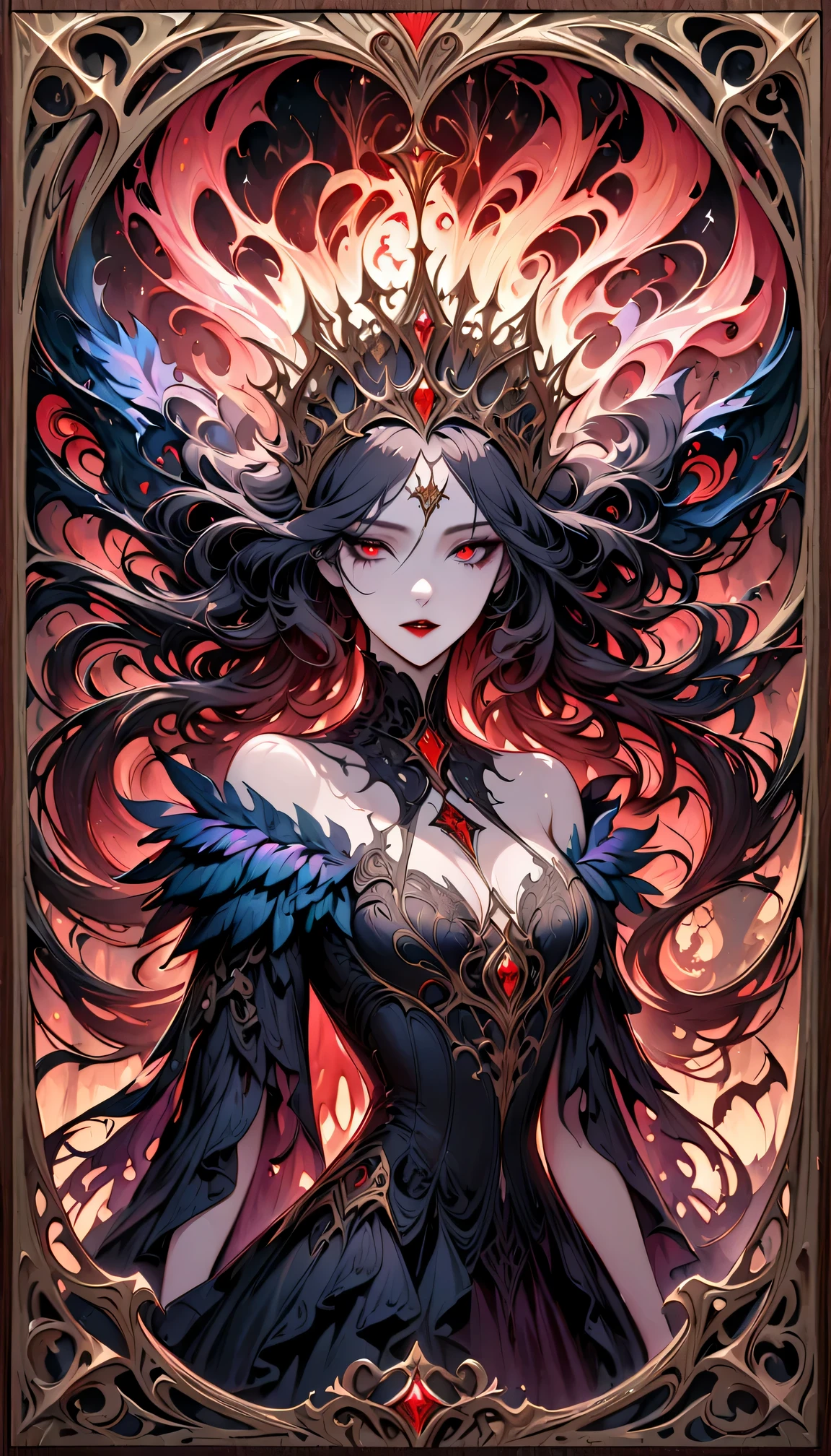 Tarot card: Mad Queen,dark fantasy,hauntingly beautiful,vivid colors,gothic horror,macabre atmosphere,fluid strokes,great attention to detail,Wooden border,fine linework,elaborately designed tarot card with intricate patterns,creepy and mesmerizing,richly textured,dramatic lighting,mysterious aura,distinctive style,exquisite artwork,shadowy background,mystical symbols,emotive expression,captivating gaze,feathered headdress,pale complexion,demonic features,long flowing hair with twisted strands,smoky eye makeup,intriguingly distorted face,dripping blood-red lipstick,ominous creatures lurking in the shadows,ethereal mist adding an otherworldly touch,moody tones enhancing the somber mood,impressive visual impact,foreboding vibe.