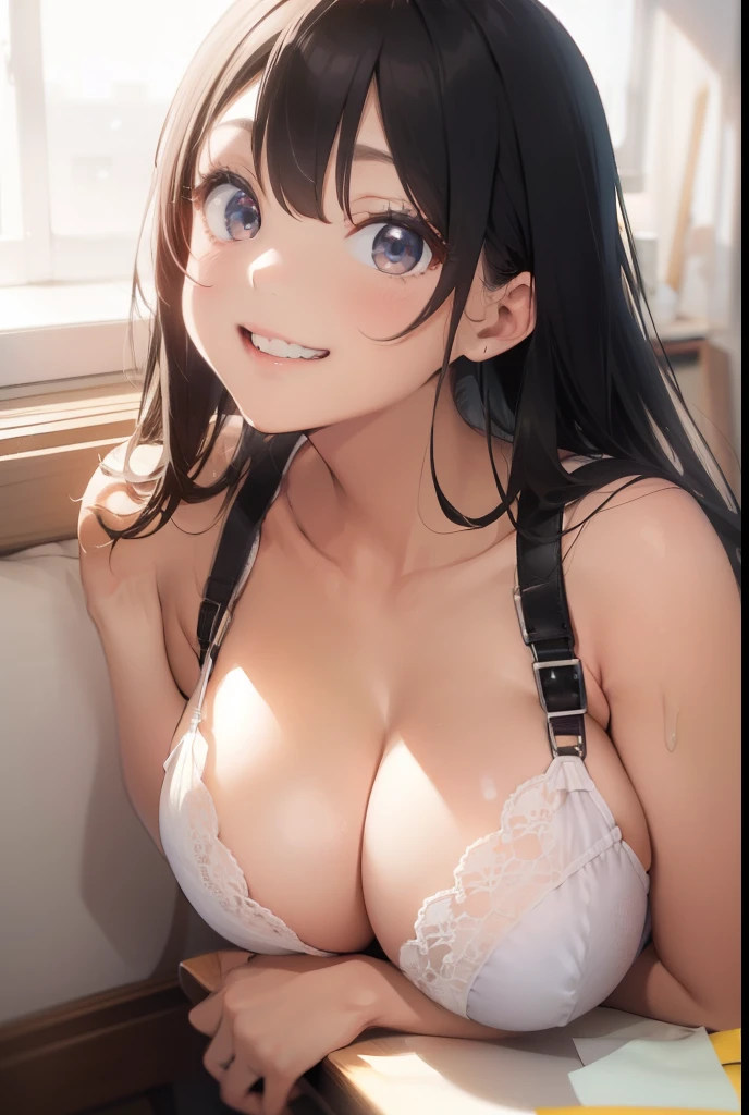 super high quality, ultra high resolution, hyper-detailed, high contrast, ultra fine strike, creative sophistication,black hair,living room,smile,cleavage,white bra and panties