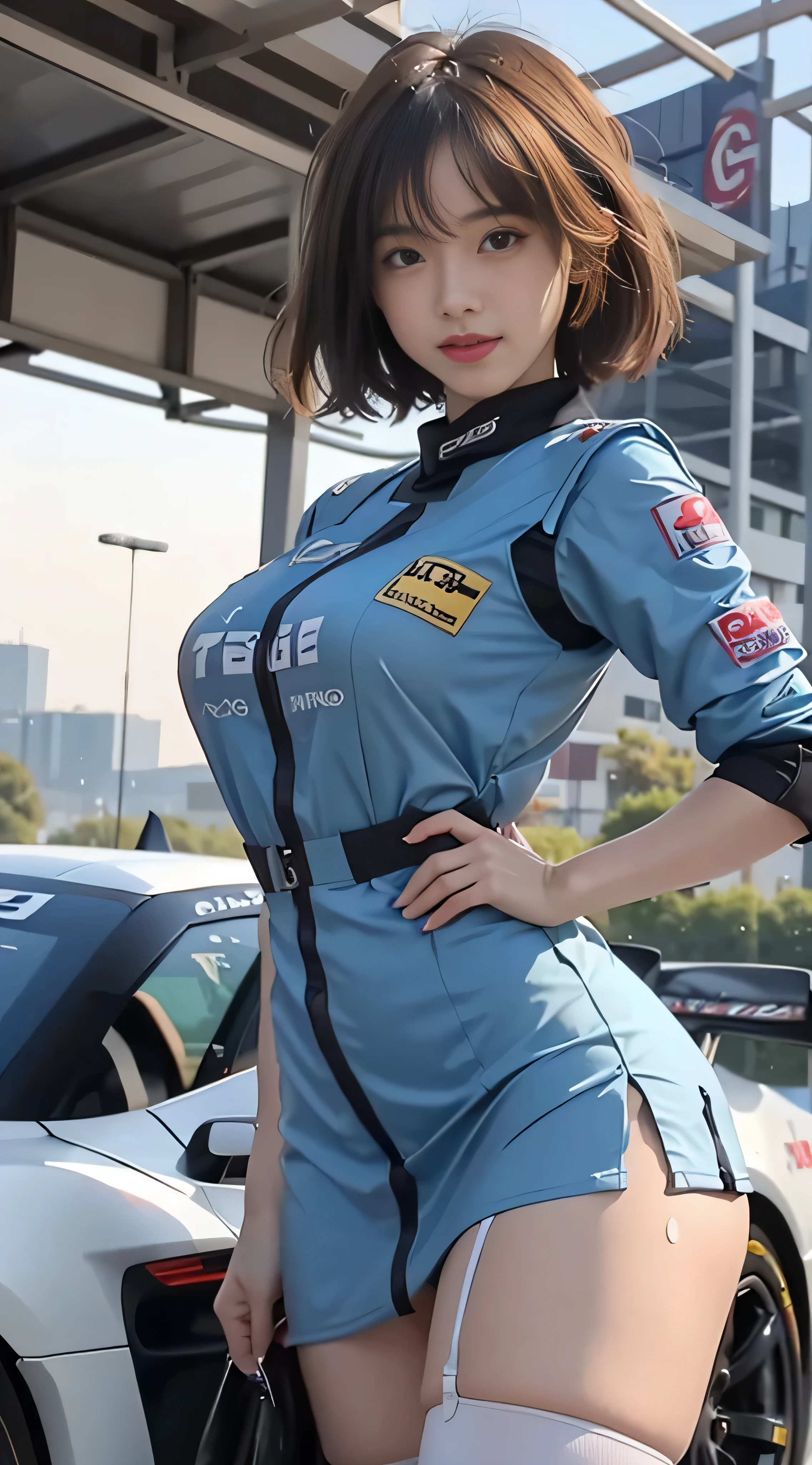 (RAW image quality:1.4), 8K resolution、Ultra-high-definition CG images、anime girl in a blue dress, Tits, Biomechanics Tits,  in a dress, Tits proportion, Feeling naughty, big breasts same!!, with big breasts, pixiv 3dcg, big breasts same!, (SFW) safe for work, Ecchi anime style, Beast, seductive girl, 1 girl huge big tits,、((highest quality)), ((masterpiece)), A sloppy smile, pitchy suits, huge , puffy nipple, knee high, mischievous face, knee high　slutty white, adult women, (climax in vagina:1.3), cum in mouth, (Overflowing G-string:1.5), sobbing tears, shortcut, Check out low-rise , l, Race queen appearance, slender, master painting, best quality, photorealistic, Super detailed, (shiny skin, sweaty:1.4), look at the crowd, with short hair, brown eyes, slender, dynamic light and shadow, High resolution, tits sharp focus, draw depth, eyes are delicate, sharp pupils, real students, (huge boobs), slender, (thick thighs), outside of home, sky sky, tight mini skirt, short skirt, grid girl, underboob, wear a grid_Race queen costume printed with sponsor's logo, (motorsport race venue)+, model pose、(circuit:1.4)、((stand in front of a racing car:1.4))、(super gt:1.4)、(Nissan GT-R)、(blurred background:1.4)、