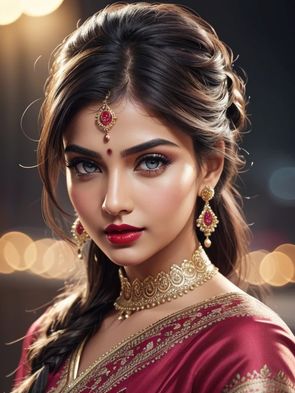 big , night bokeh effect background, perfect pink eyes, fantastic face, Indian, beautiful look, ((red lips, bright eyes, curve heir 1.5)), ((beautiful details body)), A glorious gorgeous, glorious gorgeous face, pretty face, bright eyes, detailed elegant printed shirt, updo elegant hair, blurred gray tones background, ultra focus, face ilumined, face detailed, 8k resolution, painted, dry brush, brush strokes,