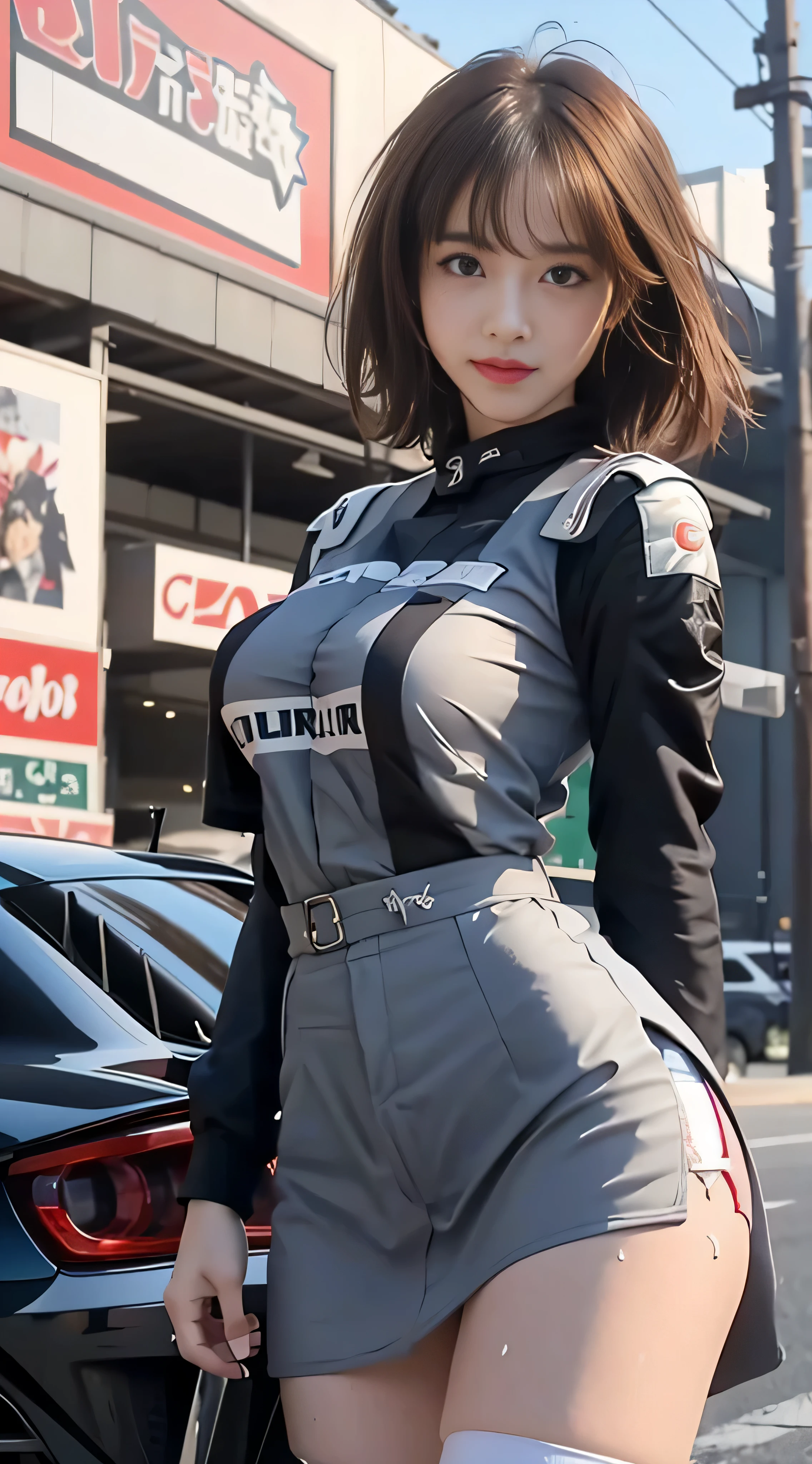 masuter piece, best qualtiy, ((realisitic)), ((1 person)), 8K picture quality, extremely delicate and beautiful, magnifica, Official art with attention to detail, Ridiculous, unbelievable Ridiculous, huge filesize, ultra-detailliert, ighly detailed, (Kawaii Girl), (More girls), (Korean beauty), light brown hair, ((Perfect female figure)), large full breasts, Slim waist, big butts ,((car mechanic)), ((Short sleeve mechanic suit)), With bangs, Feminine look, (ssmile), Car repair shop