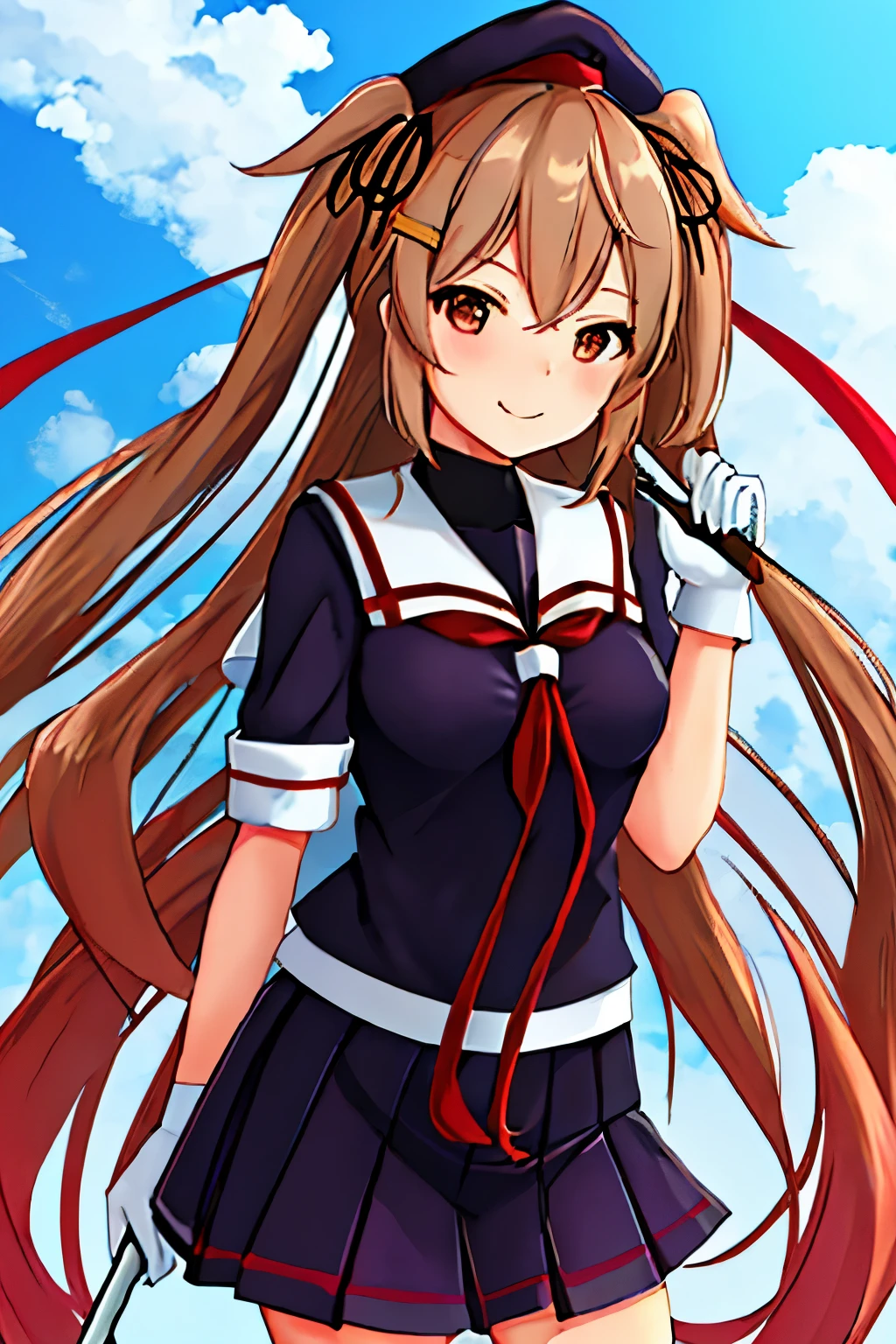 highest quality, masterpiece, High resolution, 1 girl,  (Murasame　改two　Fleet Collection:1.15), 長いhair, ライトブラウンなhair, brown eyes, red eyes, ribbon, smile, sailor suit, hair_ribbon, black_serafuku, chest, tails in tw, two_~ ~ side_Excellent, hair_flap, hair_ornament,