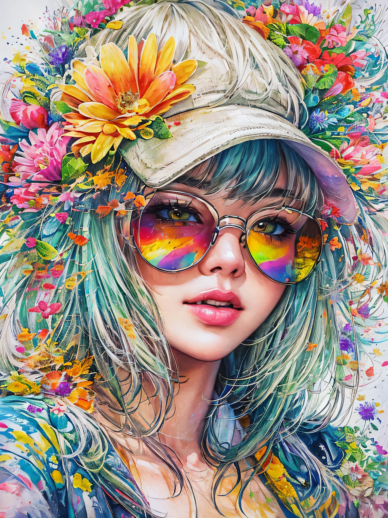 8K quality, watercolor painting, stylish design, (((The strongest beautiful girl of all time))), (((Japanese)))、Idol、clear, Stylish sunglasses, Fashionable hats, (((highest quality))), bob hair, HDR, ((Detailed details)), stylish fashion, detailed clothing texture, (((graffiti art))), colorful hair, ((masterpiece))、((Super detailed))、(((colorful flowers)))