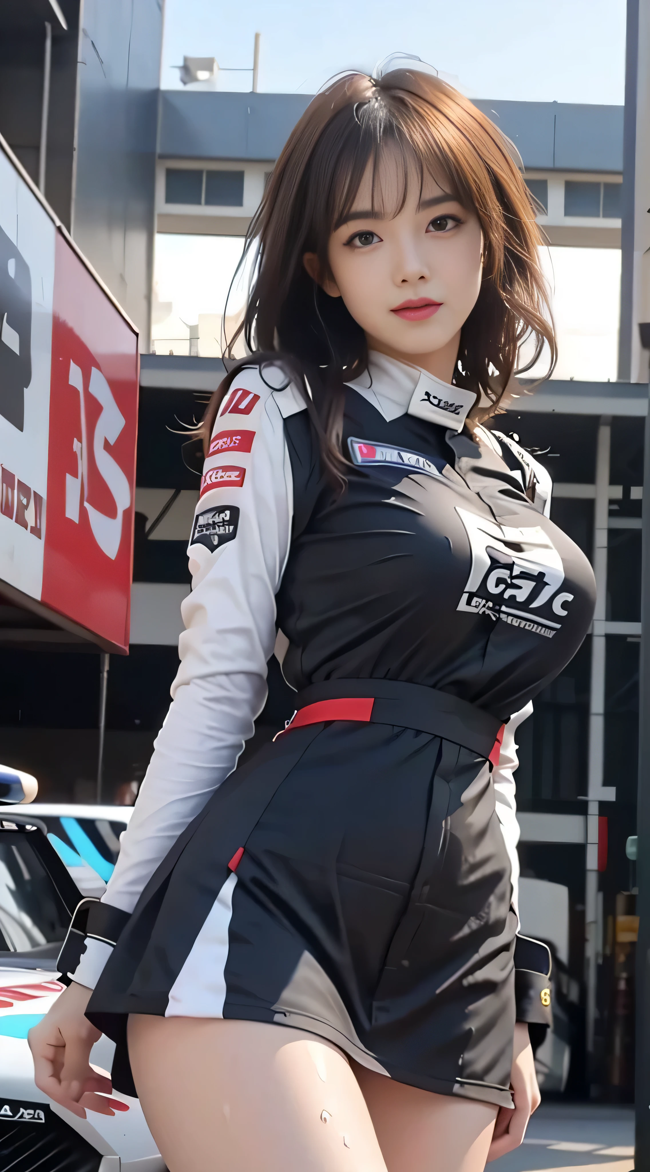 (RAW image quality:1.4), 8K resolution、Ultra-high-definition CG images、anime girl in a blue dress, Tits, Biomechanics Tits, in a dress, Tits proportion, Feeling naughty, big breasts same!!, with big breasts, pixiv 3dcg, big breasts same!, (SFW) safe for work, Ecchi anime style, Beast, seductive girl, 1 girl huge big tits,、((highest quality)), ((masterpiece)), A sloppy smile, pitchy suits, huge , puffy nipple, knee high, mischievous face, knee high slutty white, adult women, (climax in vagina:1.3), cum in mouth, (Overflowing G-string:1.5), sobbing tears, shortcut, Check out low-rise , l, Race queen appearance, slender, master painting, best quality, photorealistic, Super detailed, (shiny skin, sweaty:1.4), look at the crowd, with short hair, brown eyes, slender, dynamic light and shadow, High resolution, tits sharp focus, draw depth, eyes are delicate, sharp pupils, real students, (huge boobs), slender, (thick thighs), outside of home, sky sky, tight mini skirt, short skirt, grid girl, underboob, wear a grid_Race queen costume printed with sponsor's logo, (motorsport race venue)+, model pose、(circuit:1.4)、((stand in front of a racing car:1.4))、(super gt:1.4)、(Nissan GT-R)、(blurred background:1.4)、