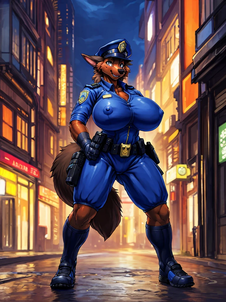 (masterpiece), (best quality),Woman ((anthro)) ,dog, doberman,shepherd,((police woman)), brown skin,1girl,solo,volumetric lighting, fluff,mature female, cute face, standing, volumetric lighting, dark ,street at night, police hat, blue cloth, burly girl, brawny girl,long legs,huge breasts,huge ass, full body view, standing, standing squatting ,athlete,,tight waist,musclar arms,dr comet,pochincoff,Pixelsketcher, (mayosplash), (wamudrawasterpiece),cutesexyrobutts, hioshiru,kingbang