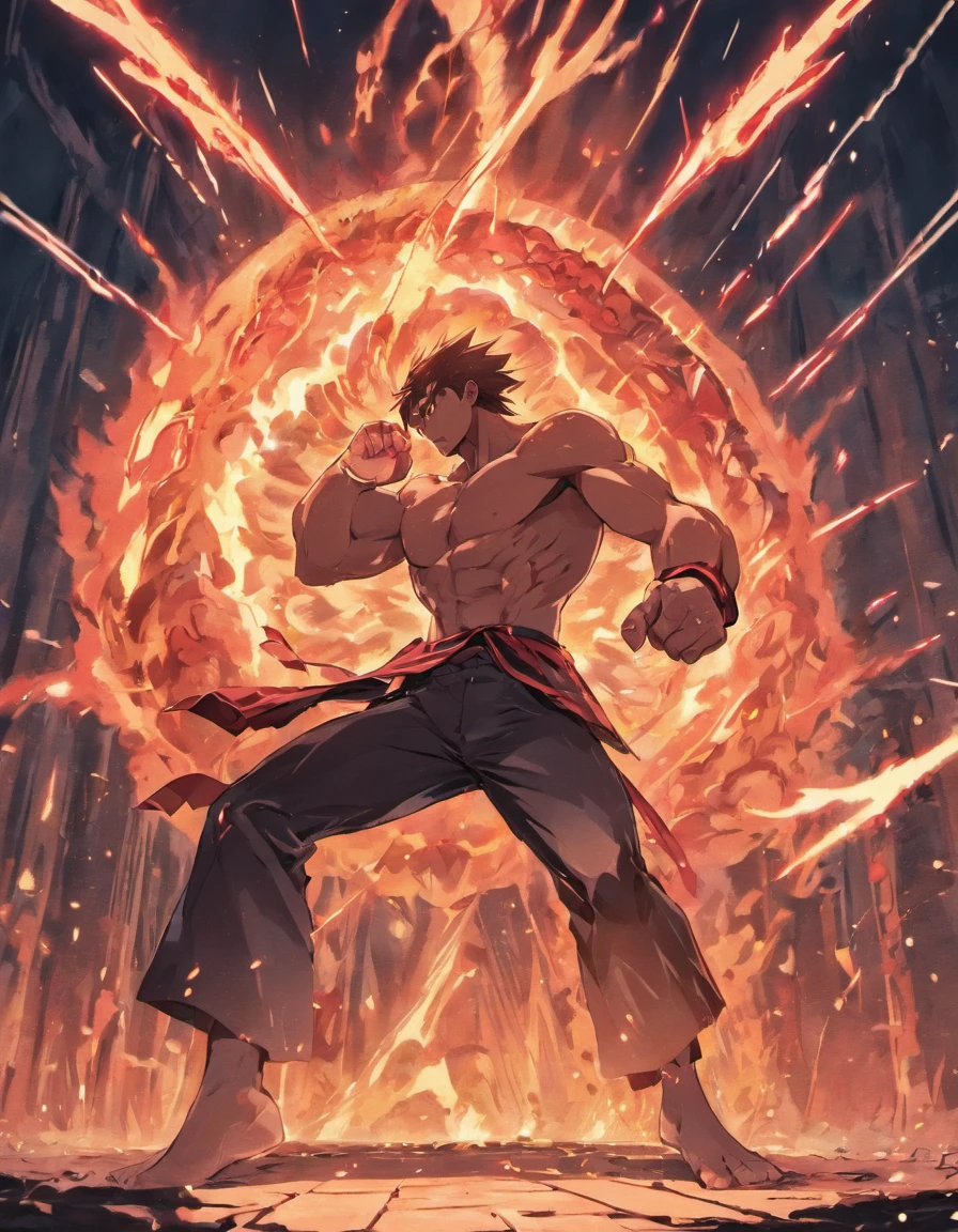 Buff martial artist punching a demon