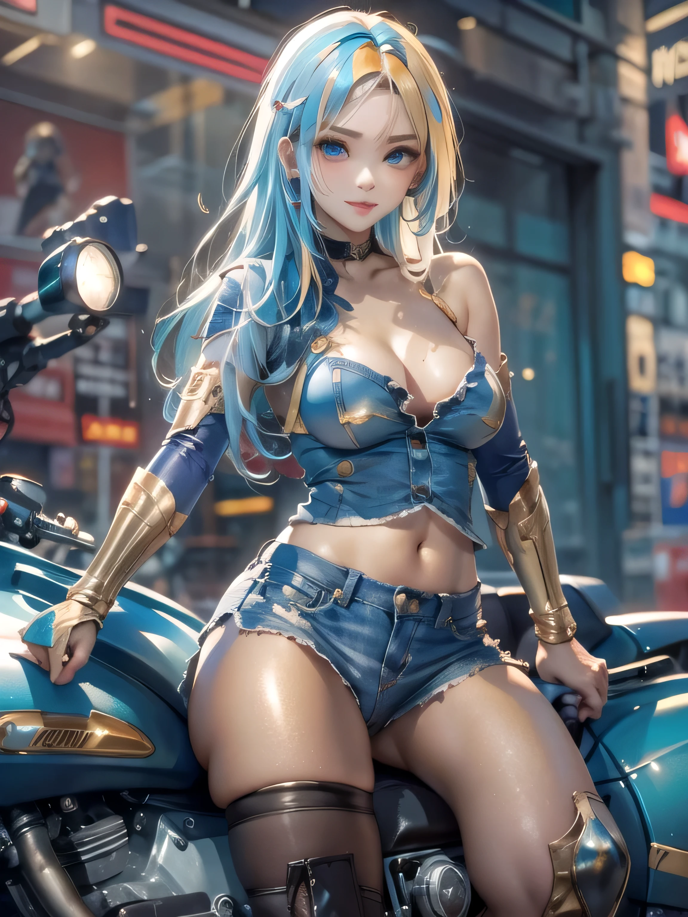 (photorealistic:1.8, highest quality:1.8,8K masterpiece:1.8,High resolution,muste piece:1.8,RAW Photos,cinematic lighting),No split screen, cyber punk、Highway at night、rain-soaked ground、 (1 android girl:1.3)、Completely naked、Full body tattoo、choker、beautiful breasts、T-shirt、denim mini skirt、beautiful butt、beautiful thighs,plump nipples、(Nipples visible through clothing)、cameltoe、 Body painting with a pop design drawn all over the body、pop art design、cutting edge fashion、conceptual art、Riding on motorcycle、 (Beautifully shining vermilion, blue, white and golden hair:1.5)、shining blue eyes、Shy Smile