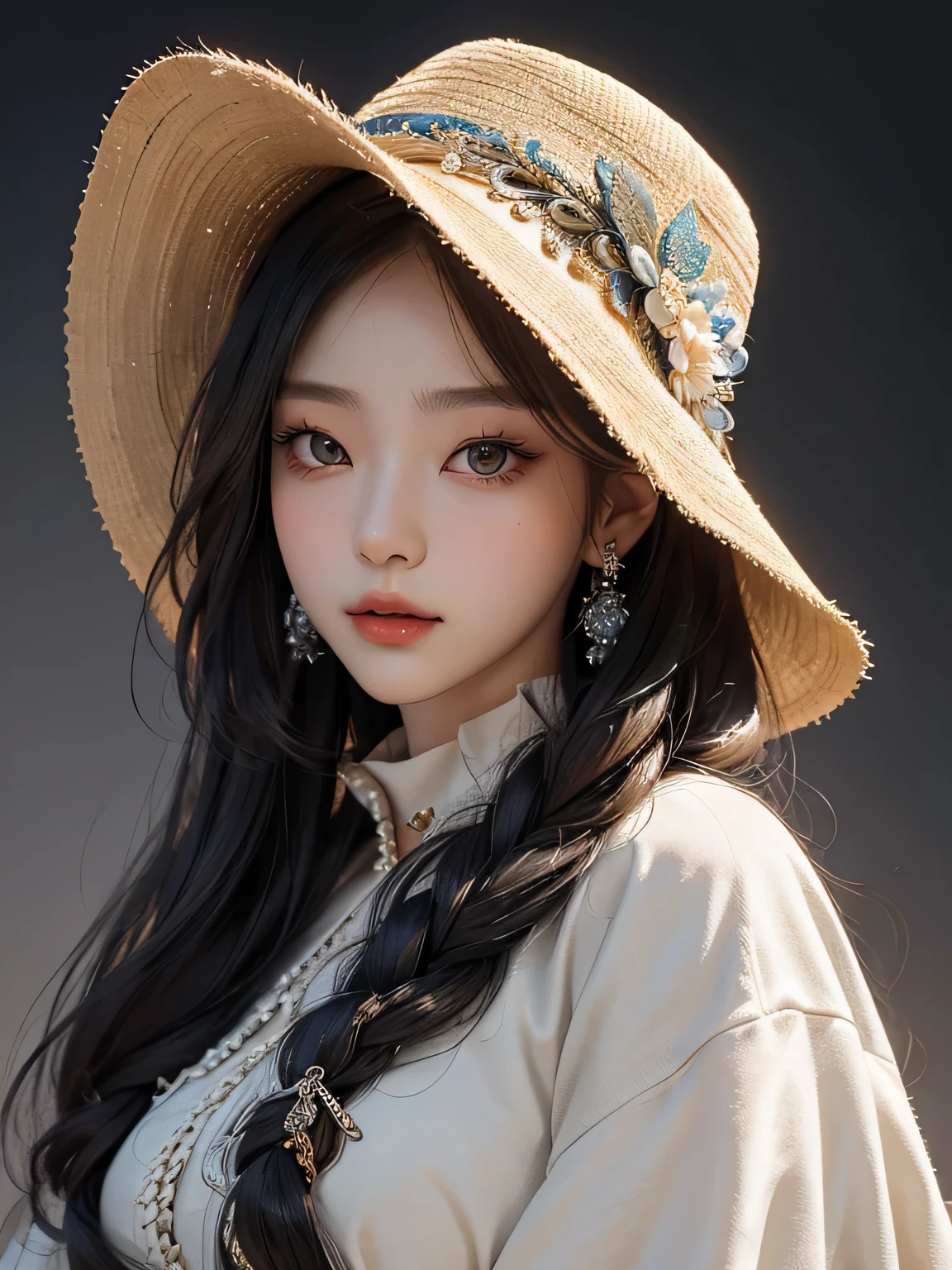 collector or admirer of fine art. The ulzzang woman's stunningly detailed face, adorned with delicate makeup and long, flowing lashes, captivates the viewer's attention, while her piercing, heterochromatic eyes seem to gaze into their very soul. The intricate weave of her hairpins, twist woven balls, and the elegant woven design of her hat add texture and depth to the piece. The fur coat, with its ultra-realistic, hyper-detailed fur texture, completes the image, emphasizing both the woman's opulence and her innate beauty. This art piece, a true masterpiece, is a breathtaking blend