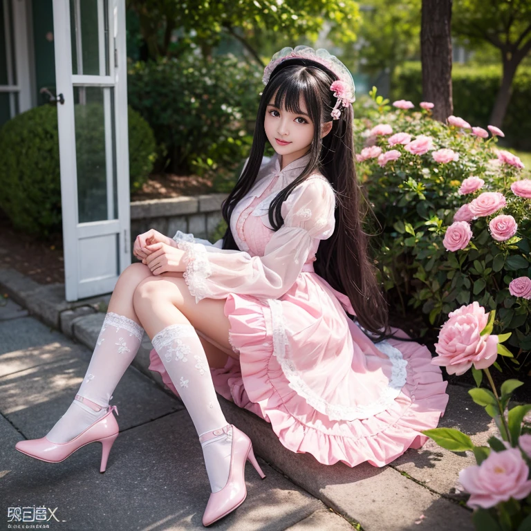 best quality, masterpiece, lifelike, 1 girl, alone, eternal, black hair, Long curly hair, blunt bangs, Smile, pink skirt, pink ta dress, layered skirt, Lolityle long skirt,分層連衣裙 lace-trimmed 裙子, decorate, lace, long sleeve, puff sleeves, wide sleeves, Transparent sleeves, hair accessories, 在flower园里, flower, Detailed background, delicate face,pink blush,white,knee socks, Pink shoes,cold,Lots of lace,((masterpiece))、(top quality)、8K、high detail、super detailed、 21 years old female,穿着pink lolita d((dreamy atmosphere:1.1))、Seductive and whimsical style、masterpiece、born、Scenes resembling fairy tale illustrations、Intricate details showcase the ruffles and intricate designs of the Lolita dressutifully、magic、capricious、 beautifully、Dream aesthetics、「𝓡𝓸𝓶𝓪𝓷𝓽𝓲𝓬、ethereal、charming、fickle、magic」、realism、Visual effect、FXAA、SSAO、shader、voiceless、ambient lighting、Tone mapping、High resolution、ultra high definition、megapixel、(8K resolution:1.10)、8K、Below 8K、8K resolution、high detail、intricate details、A look of surprise and awe on her face、 (high quality:1.2、masterpiece:1.2、:1.21)、(21 years old female:1.21)、(興奮地Smile)、(Surrounded by the dreamy atmosphere of an amusement par色洛丽塔连衣裙、Her eyes were full of surprise and joy、I took a lot of geek photos、、High heel、Model diagram,full-body shot,Knee-high white lace socks,Sweet Lolita,Normal 2 ,Pink shoes,Baotou shoes,full-body shot,baby star dress,hat,Don't show your fingers,cold,Emphasis on skirt volume,Exposed panties,huge ,white underwear,The skirt flew up