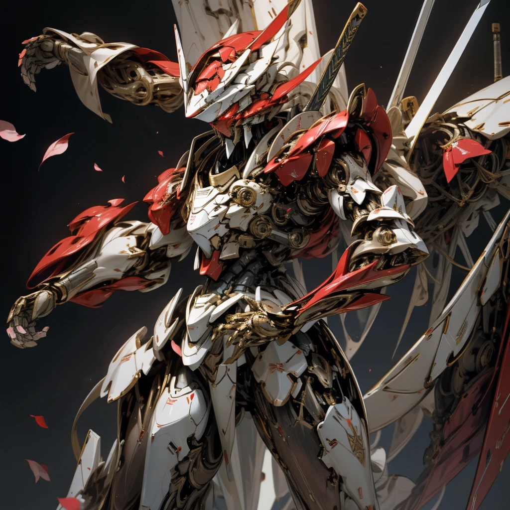 High resolution　８Ｋ　no distortion　Combat robots fighting in outer space　Body based on human anatomy　Elegant limbs　long streamlined head　Robot Face　The fingertips are thin and pointed　Large petal-like shoulder armor　Smooth crimson exterior armor　The mechanical parts are covered with armor.　particles of light　Slender giant robot Japanese robot anime　full body shot　Playing the beam with a sword