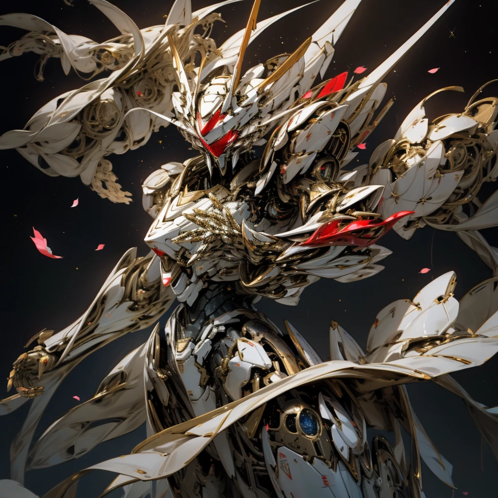 High resolution　８Ｋ　no distortion　Combat robots fighting in outer space　Body based on human anatomy　Elegant limbs　long streamlined head　Robot Face　The fingertips are thin and pointed　Large petal-like shoulder armor　Smooth crimson exterior armor　The mechanical parts are covered with armor.　particles of light　Slender giant robot Japanese robot anime　full body shot　Playing the beam with a sword