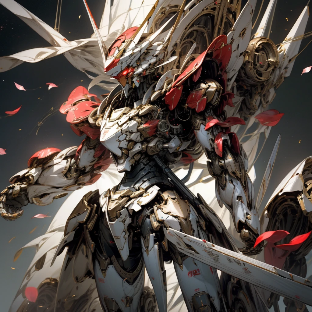 High resolution 8K no distortion Combat robots fighting in outer space Body based on human anatomy Elegant limbs long streamlined head Robot Face The fingertips are thin and pointed Large petal-like shoulder armor Smooth crimson exterior armor The mechanical parts are covered with armor. particles of light Slender giant robot Japanese robot anime full body shot Playing the beam with a sword