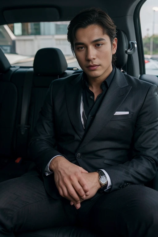 Elegant man sitting in the seat of a supercar, young man, Wearing a suit with the crotch showing his cock draped upwards., Realistic picture, Dark hair, no beard, handsome Korean man , 16k resolution. , high quality 