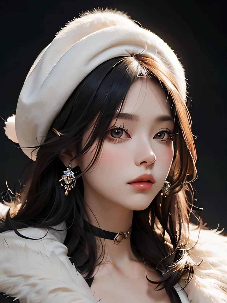collector or admirer of exquisite visual art.
The white hat, perched perfectly on the woman's head, casts contrasting shadows against the smooth surface of her skin. The fur coat, meticulously rendered in pixels, wraps around her form, highlighting every curve and contour of her body. Her eyes, adorned with delicate eyeliner and mascara, are sharp and expressive, drawing the viewer's gaze to the depth and intensity of her gaze.
This digital masterpiece, with its ultra-high resolution and lifelike details, transports us to a world of beauty and artistry that leaves us in awe. The vivid colors, stunning