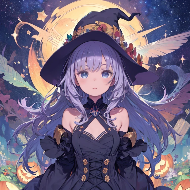 ((masterpiece:1.2, highest quality)), 1 girl, alone, (witch hat), Close-up of a girl with curly hair, dress, aurora, night, star (null), gloves, null, dress, night null, open your mouth, starry null, light blue eyes, ribbon, smile, cape, colorful hair, magic, cast a spell, night, (Impressionism:1.4), Alphonse Mucha, halloween color, カラフルなcandy, magical lights, Pumpkin, candy