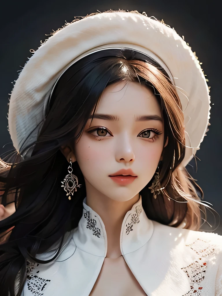 collector or admirer of exquisite visual art.

The white hat, perched perfectly on the woman's head, casts contrasting shadows against the smooth surface of her skin. The fur coat, meticulously rendered in pixels, wraps around her form, highlighting every curve and contour of her body. Her eyes, adorned with delicate eyeliner and mascara, are sharp and expressive, drawing the viewer's gaze to the depth and intensity of her gaze.

This digital masterpiece, with its ultra-high resolution and lifelike details, transports us to a world of beauty and artistry that leaves us in awe. The vivid colors, stunning