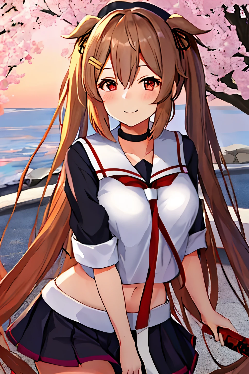 highest quality, masterpiece, High resolution, 1 girl,  (Murasame　改two　Fleet Collection:1.15), 長いhair, ライトブラウンなhair, brown eyes, red eyes, ribbon, smile, sailor suit, hair_ribbon, black_serafuku, chest, tails in tw, two_~ ~ side_Excellent, hair_flap, hair_ornament,