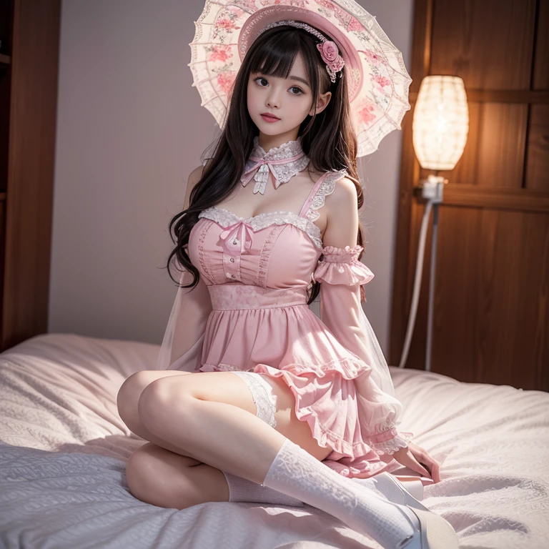 best quality, masterpiece, lifelike, 1 girl, alone, eternal, black hair, Long curly hair, blunt bangs, Smile, pink skirt, pink lolita dress, layered skirt, Lolita style long skirt,分層連衣裙 lace-trimmed 裙子, decorate, lace, long sleeve, puff sleeves, wide sleeves, Transparent sleeves, hair accessories, 在flower园里, flower, Detailed background,  delicate face，pink blush，white，knee socks, Pink shoes，cold，Lots of lace，((​masterpiece))、(top quality)、8K、high detail、super detailed、 21 years old female，穿着pink lolita dress((dreamy atmosphere:1.1))、Seductive and whimsical style、​masterpiece、born、Scenes resembling fairy tale illustrations、Intricate details showcase the ruffles and intricate designs of the Lolita dress、beautifully、magic、capricious、 beautifully、Dream aesthetics、「𝓡𝓸𝓶𝓪𝓷𝓽𝓲𝓬、ethereal、charming、fickle、magic」、realism、Visual effect、FXAA、SSAO、shader、voiceless、ambient lighting、Tone mapping、High resolution、ultra high definition、megapixel、(8K resolution:1.10)、8K、Below 8K、8K resolution、high detail、intricate details、A look of surprise and awe on her face、 (high quality:1.2、​masterpiece:1.2、:1.21)、(21 years old female:1.21)、(興奮地Smile)、(Surrounded by the dreamy atmosphere of an amusement par色洛丽塔连衣裙、Her eyes were full of surprise and joy、I took a lot of geek photos、、High heel、Model diagram，full-body shot，Knee-high white lace socks,Sweet Lolita，Normal 2 feet，Pink shoes，Baotou shoes，full-body shot，baby star dress，hat，Don't show your fingers，cold，Emphasis on skirt volume，Exposed panties，huge ，white underwear,The skirt flew up