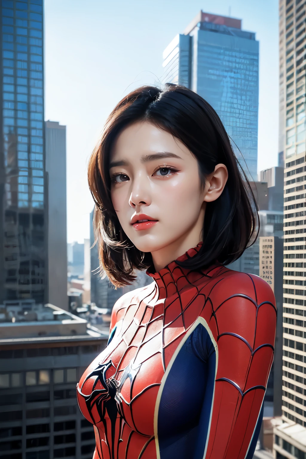 artistic medium: digital illustration, sexy woman wearing a Spiderman costume, erotic body, detailed facial features, vibrant colors, urban background, tall buildings, dramatic lighting, high-resolution masterpiece:1.2, intense emotions, confident pose