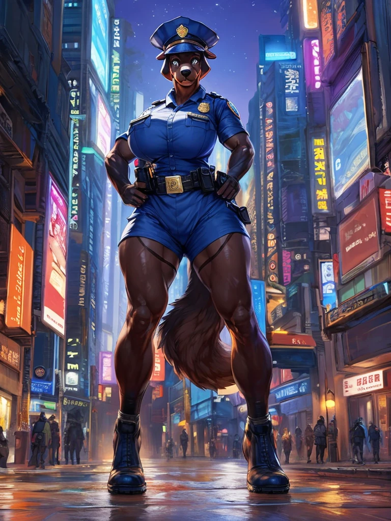 (masterpiece), (best quality),Woman ((anthro)) ,dog, doberman,shepherd,((police woman)), brown skin,1girl,solo,volumetric lighting, fluff,mature female, cute face, standing, volumetric lighting, dark ,street at night, police hat, blue cloth, burly girl, brawny girl,long legs,huge breasts,huge ass, full body view, standing, standing squatting ,athlete,,tight waist,musclar arms,dr comet,pochincoff,Pixelsketcher, (mayosplash), (wamudrawasterpiece),cutesexyrobutts, hioshiru,kingbang