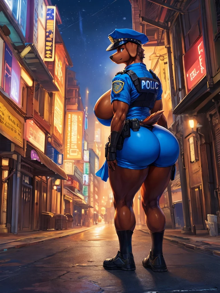 (masterpiece), (best quality),Woman ((anthro)) ,dog, doberman,shepherd,((police woman)), brown skin,1girl,solo,volumetric lighting, fluff,mature female, cute face, standing, volumetric lighting, dark ,street at night, police hat, blue cloth, burly girl, brawny girl,long legs,huge breasts,huge ass, full body view, standing, standing squatting ,athlete,,tight waist,musclar arms,dr comet,pochincoff,Pixelsketcher, (mayosplash), (wamudrawasterpiece),cutesexyrobutts, hioshiru,kingbang