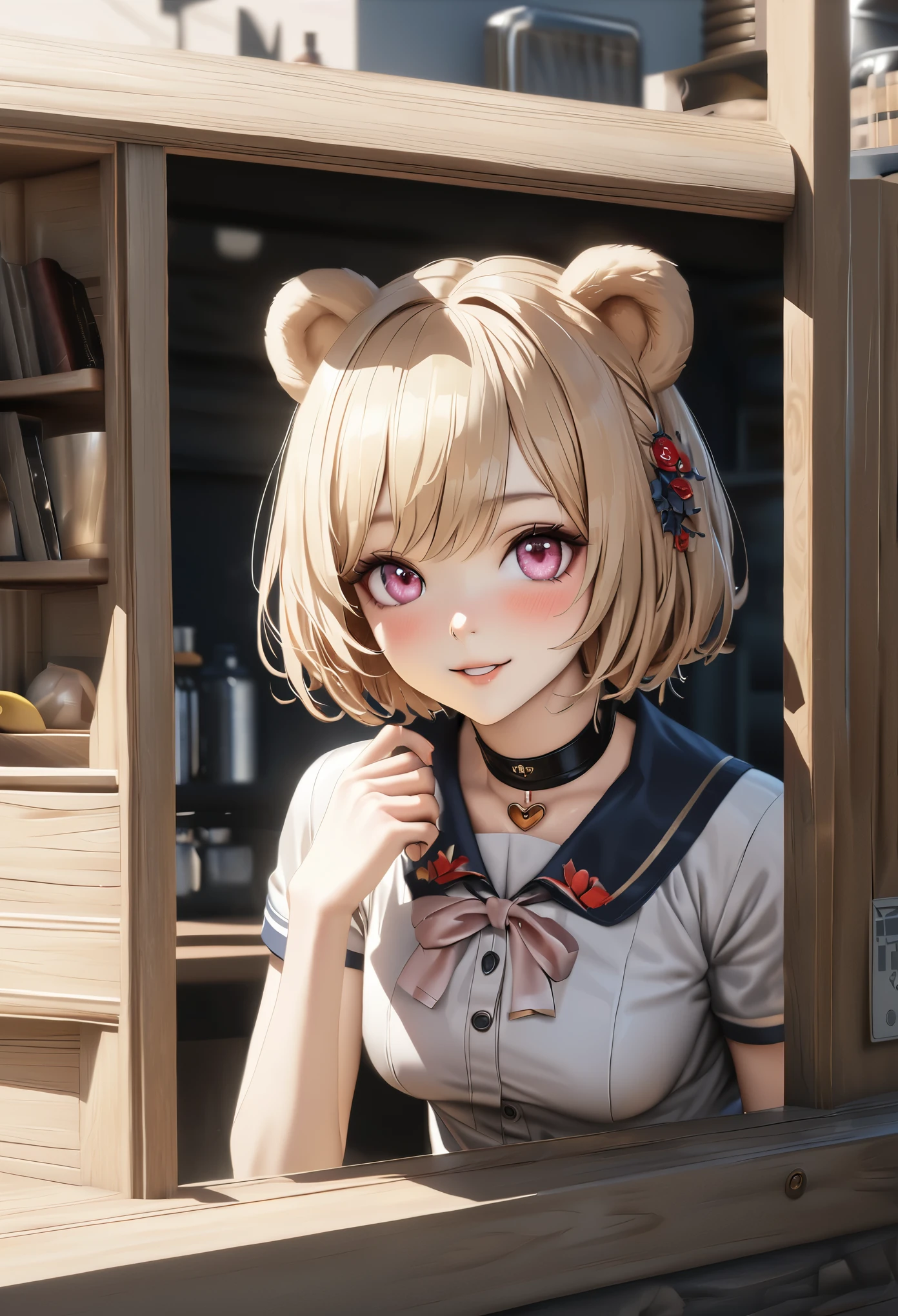 highest quality, highest quality, Super detailed, high resolution, High resolution, HDR, 4k, 8K, unity 8K wallpaper, Detailed CG, masterpiece, realistic, photorealistic, 2D, 3D, beautiful details, depth, fine texture , super fine: 1.3, Fully focused, Crispy.skin, .he, A very cute anime girl with blonde short hair in a stewardess outfit, he女の名前はクレアです,smile, one girl, alone, blonde short hair, animal ears, a mole under her eyes, looking at the viewer,casual outfit ,whole body、 blush, mole, bear ears, parted lips, hair ornaments, heart , pink eyes, choker