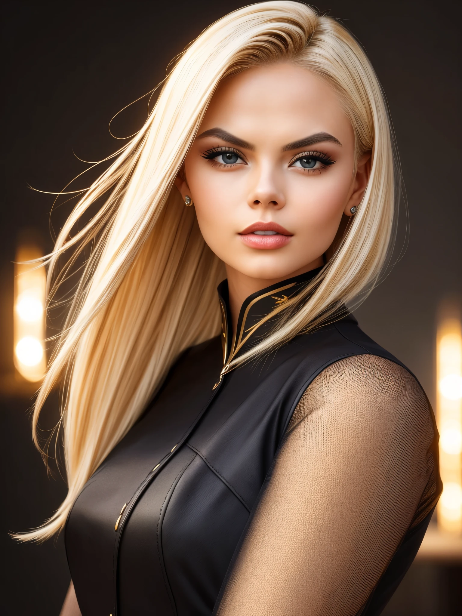 portrait of arafed woman (JesseJane_v1:1.0), blonde hair, ((hightquality、hight resolution、​masterpiece、sharp focus、photographrealistic、Raw photography、lighting like a movie、Extreme camera angles、radiant lighting、Dark background))、bustshot、red lips,  Black Suit、Black & gold palette、Dark makeup