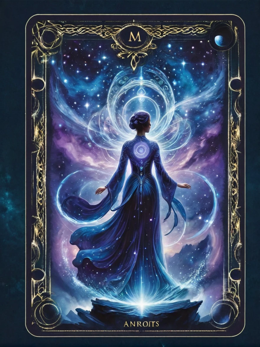 (tarot card:1.5，Rotational symmetry，center），A figure stands on a cliff, enveloped in swirling streams of cosmic energy, amidst a dreamy, nebulous landscape. The silhouette of the person is wrapped in a flowing, ethereal gown that merges with the celestial currents. The sky is a tapestry of deep purples and blues, sprinkled with stars, and the landscape below is hinted at with soft, rolling mountains. The scene is one of tranquility and the sublime, capturing the majestic essence of the cosmos with a single, contemplative figure standing in awe