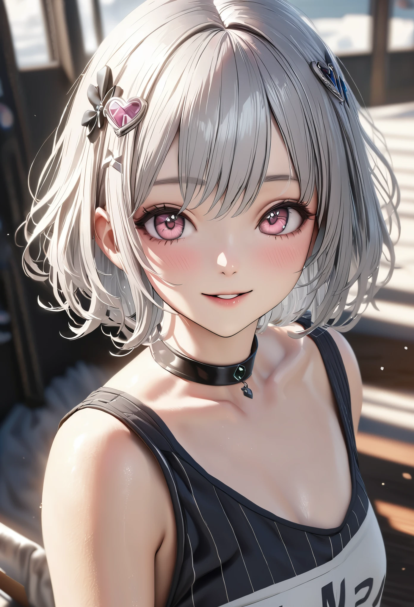 Top quality, best quality, super detailed, hi-res, high resolution, HDR, 4k, 8k, unity 8k wallpaper, highly detailed CG, masterpiece, realistic, photorealistic, 2D, 3D, beautiful details, depth, fine textures , ultra-fine: 1.3, fully focused, crispy.skin, .berak,
A very cute anime girl with silver short hair high , her name is Mia, smiling, one girl, solo, short silver hair, a mole under her eyes, looking at the viewer, high , blush, mole, parted lips, hair ornament, heart, pink eyes, choker