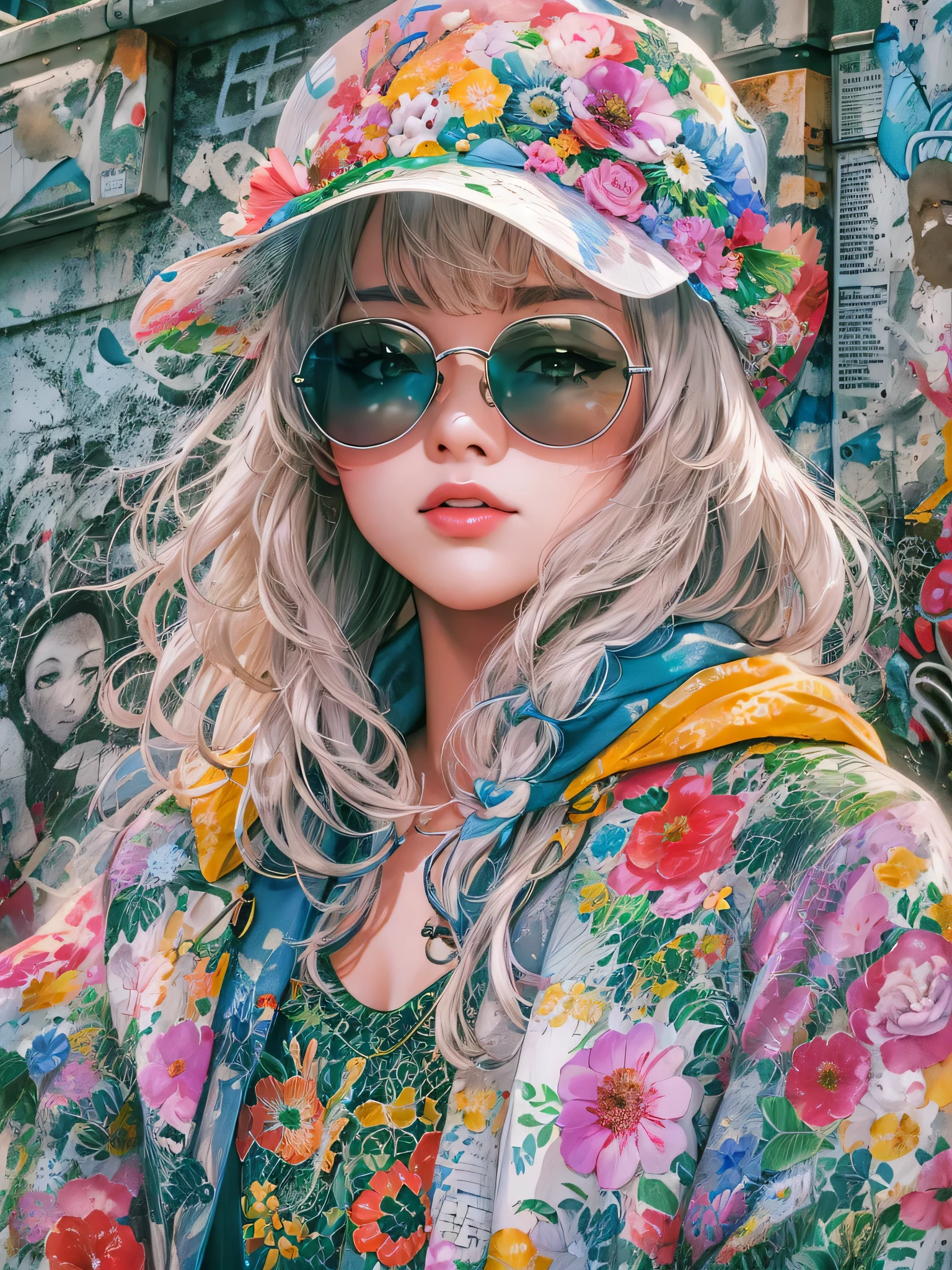 8K quality, watercolor painting, stylish design, (((The strongest beautiful girl of all time))), (((Japanese)))、Idol、clear, Stylish sunglasses, Fashionable hats, (((highest quality))), bob hair, HDR, ((Detailed details)), stylish fashion, detailed clothing texture, (((graffiti art))), colorful hair, ((masterpiece))、((Super detailed))、(((colorful flowers)))