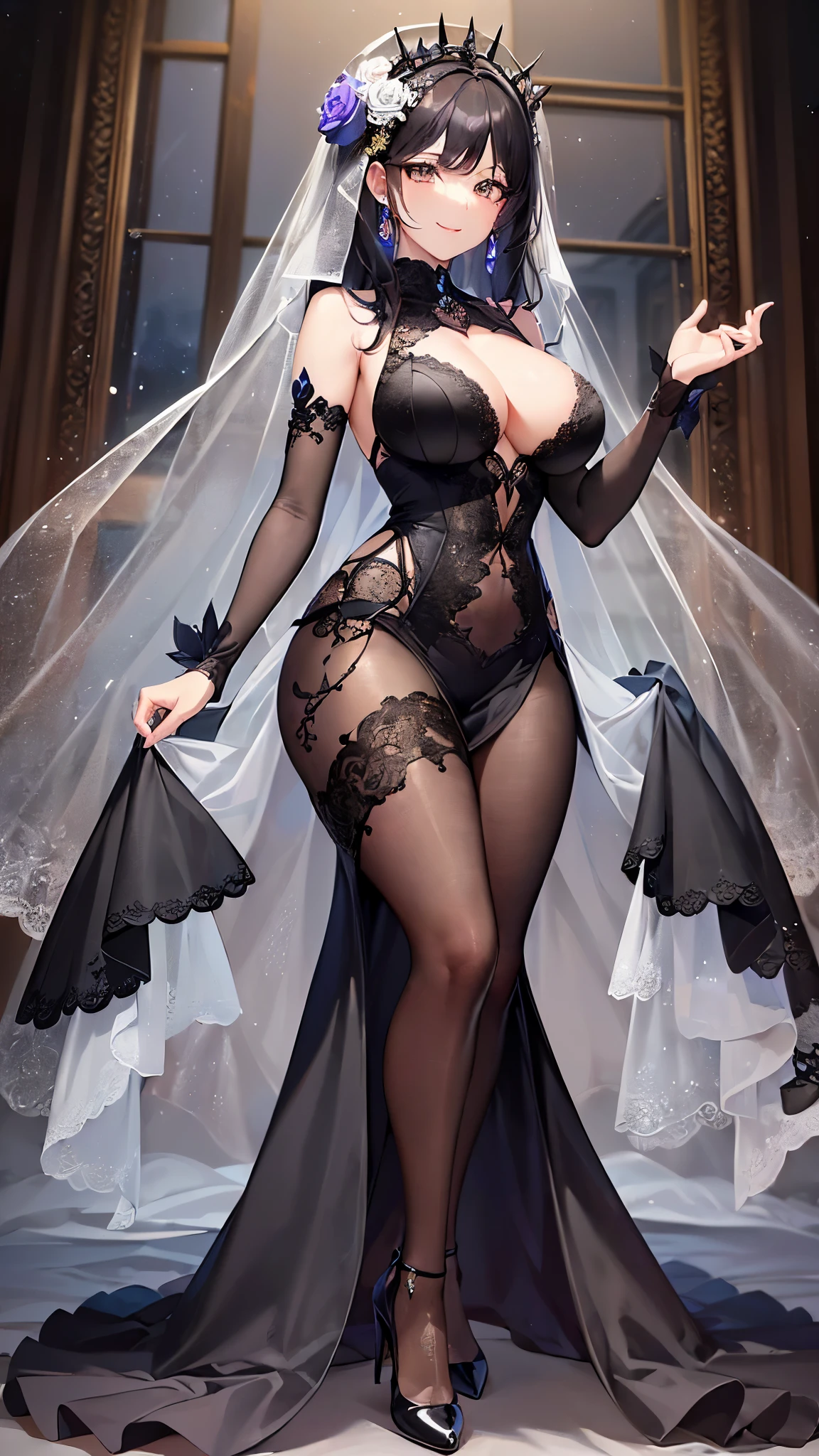 ((highest quality)),(ultra high resolution),(Super detailed),(detailed description),((best CG)),(best work of art),super precision art,amazing drawing art,(Art with precise details:1.5), (Adult woman smiling in a dark room:1.6),(beautiful and well-shaped face:1.5),(transparent black wedding dress:1.6),(Black Wedding Veil:1.5),(flower tattoo:1.5),(gorgeous black bridal shoes:1.4)