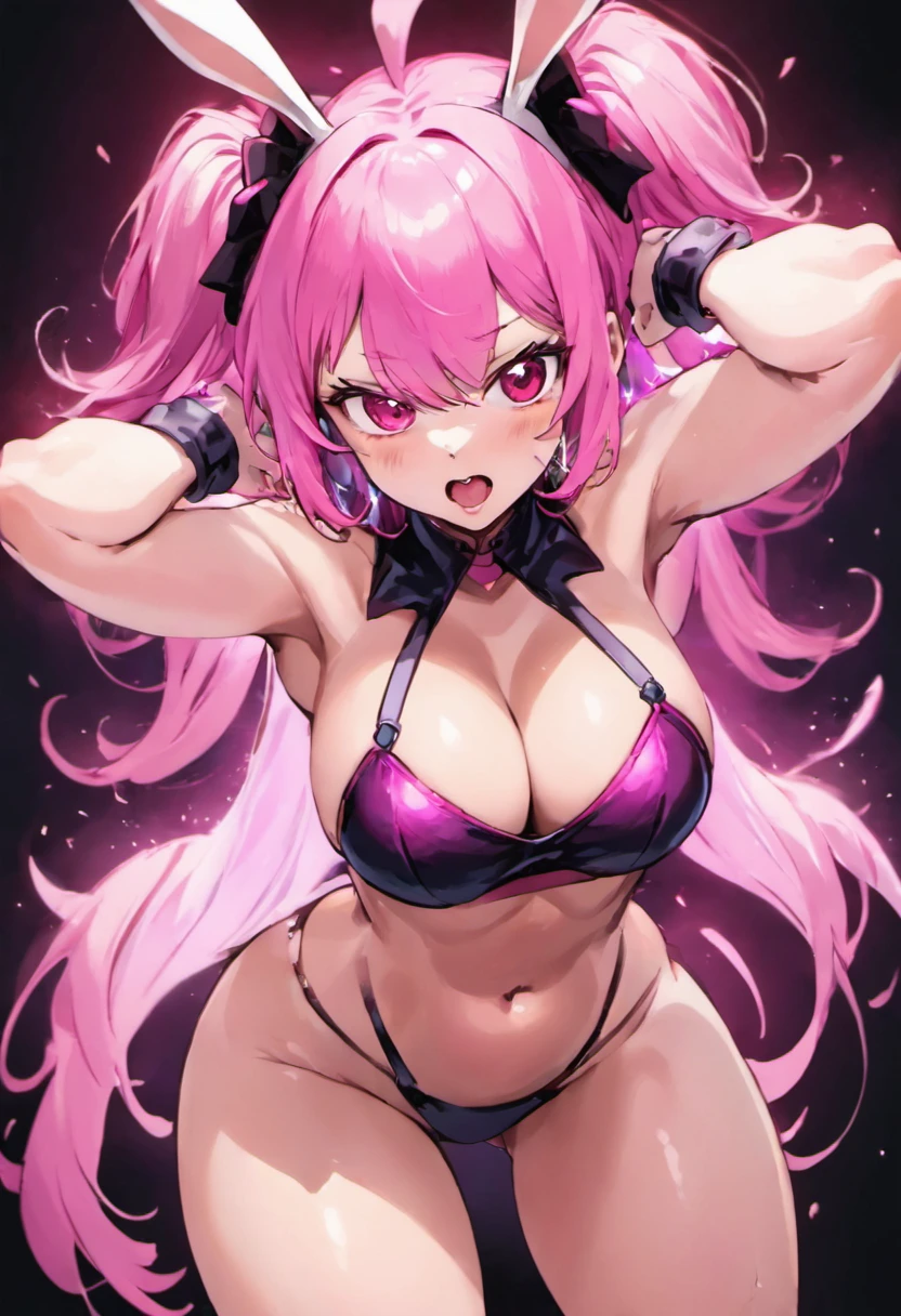 Cute sexy girl, pink hair, Bunny girl, ultra photoreal sim, detailed lighting, anime big breasts, possessed  ,huge cleavage,strong muscles