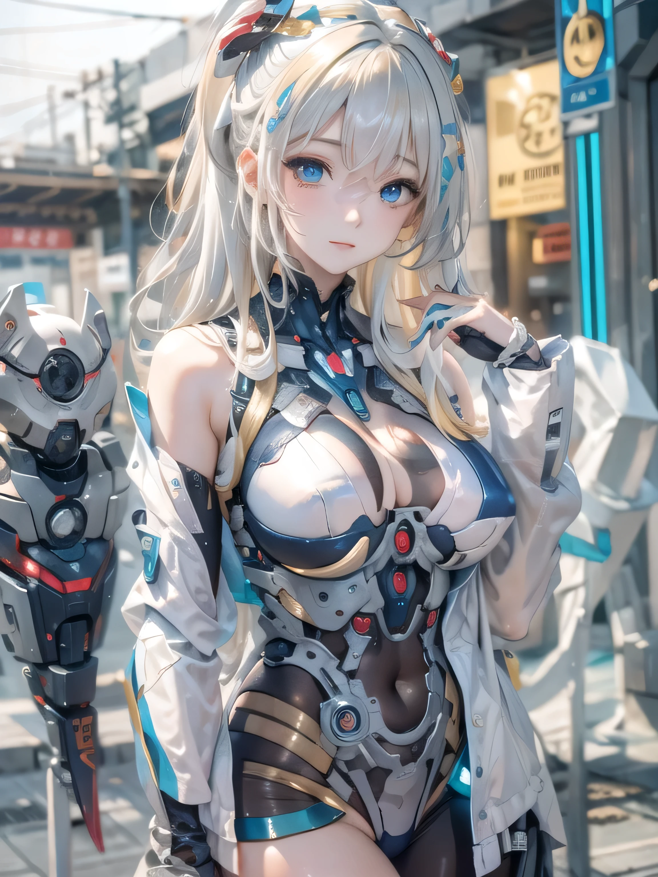 (photorealistic:1.8, highest quality:1.8,8K masterpiece:1.8,High resolution,muste piece:1.8,RAW Photos,cinematic lighting),No split screen, cyber punk、graduate School、wet floor、 (1 android girl:1.3)、Completely naked、Full body tattoo、choker、beautiful breasts、T-shirt、beautiful butt、beautiful thighs,plump nipples、(Nipples visible through clothing)、cameltoe、
(mechanical art: 1.4)、(mechanical limbs)、(blood vessels attached to tubeechanical spine attached to the back)、(Mechanical cervical vertebrae attached to the neck)、
 Body painting with a pop design drawn all over the body、pop art design、cutting edge fashion、conceptual art、 (Beautifully shining vermilion, blue, white and golden hair:1.5)、shining blue eyes、Neutral