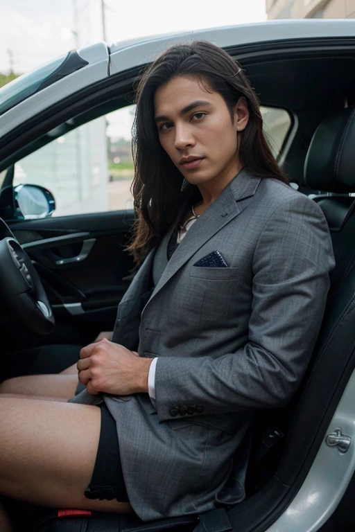 Elegant man sitting in the seat of a supercar, young man, Wearing a suit with the crotch showing his cock draped upwards., Realistic picture, Dark hair, no beard, handsome Korean man , 16k resolution. , high quality  , sexy , NSFW ,eroticism , slut
