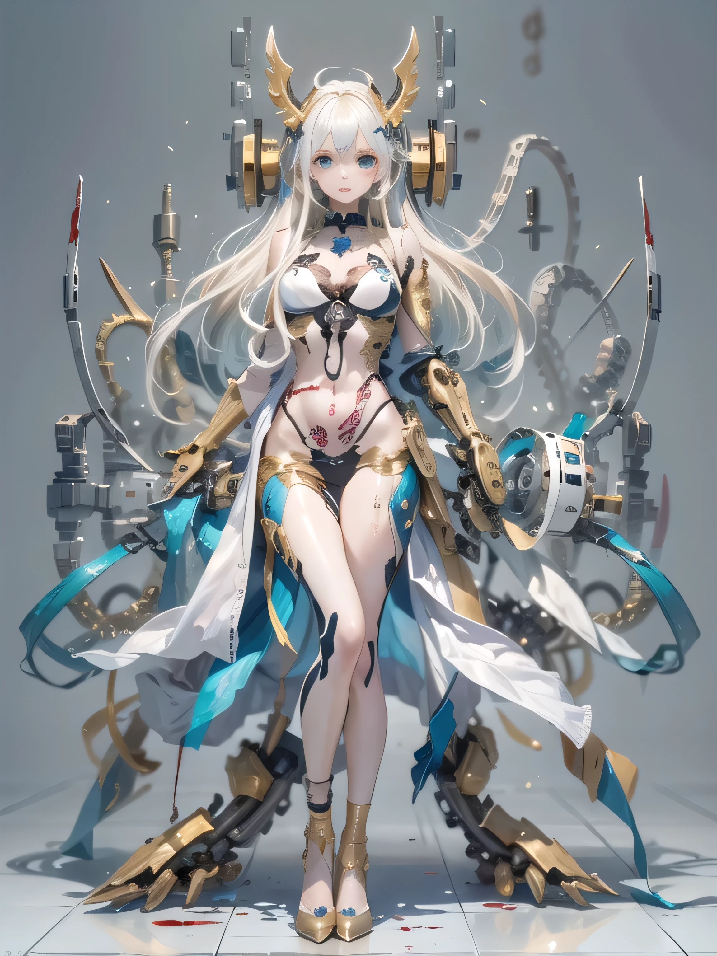 (photorealistic:1.8, highest quality:1.8,8K masterpiece:1.8,High resolution,muste piece:1.8,RAW Photos,cinematic lighting),No split screen, cyber punk、graduate School、wet floor、 (1 android girl:1.3)、Completely naked、Full body tattoo、choker、beautiful breasts、T-shirt、beautiful butt、beautiful thighs,plump nipples、(Nipples visible through clothing)、cameltoe、
(mechanical art: 1.4)、(mechanical limbs)、(blood vessels attached to tubeechanical spine attached to the back)、(Mechanical cervical vertebrae attached to the neck)、
Body painting with a pop design drawn all over the body、pop art design、cutting edge fashion、conceptual art、 (Beautifully shining vermilion, blue, white and golden hair:1.5)、shining blue eyes、Neutral
