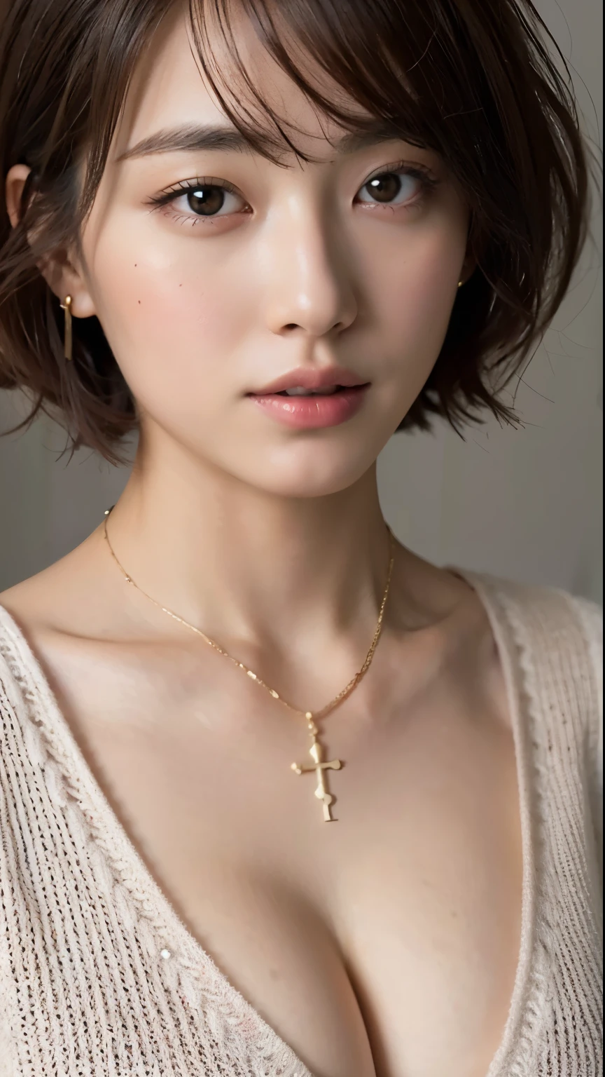 (highest quality, 8K, 32k, masterpiece, UHD:1.2),Photos of beautiful Japanese women, big breasts, very short bob hair,Upper body,face focus,extra large_sweater, underwear,necklace, simple background, From above, looking at the viewer,