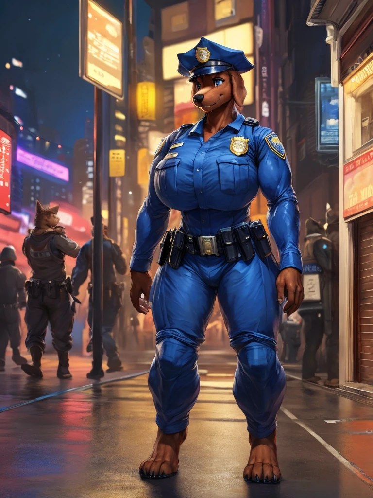 (masterpiece), (best quality),Woman ((anthro)) ,dog, doberman,shepherd,((police woman)), brown skin,1girl,solo,volumetric lighting, fluff,mature female, cute face, standing, volumetric lighting, dark ,street at night, police hat, blue cloth, burly girl, brawny girl,long legs,huge breasts,huge ass, full body view, standing, standing squatting ,athlete,,tight waist,musclar arms,dr comet,pochincoff,Pixelsketcher, (mayosplash), (wamudrawasterpiece),cutesexyrobutts, hioshiru,kingbang