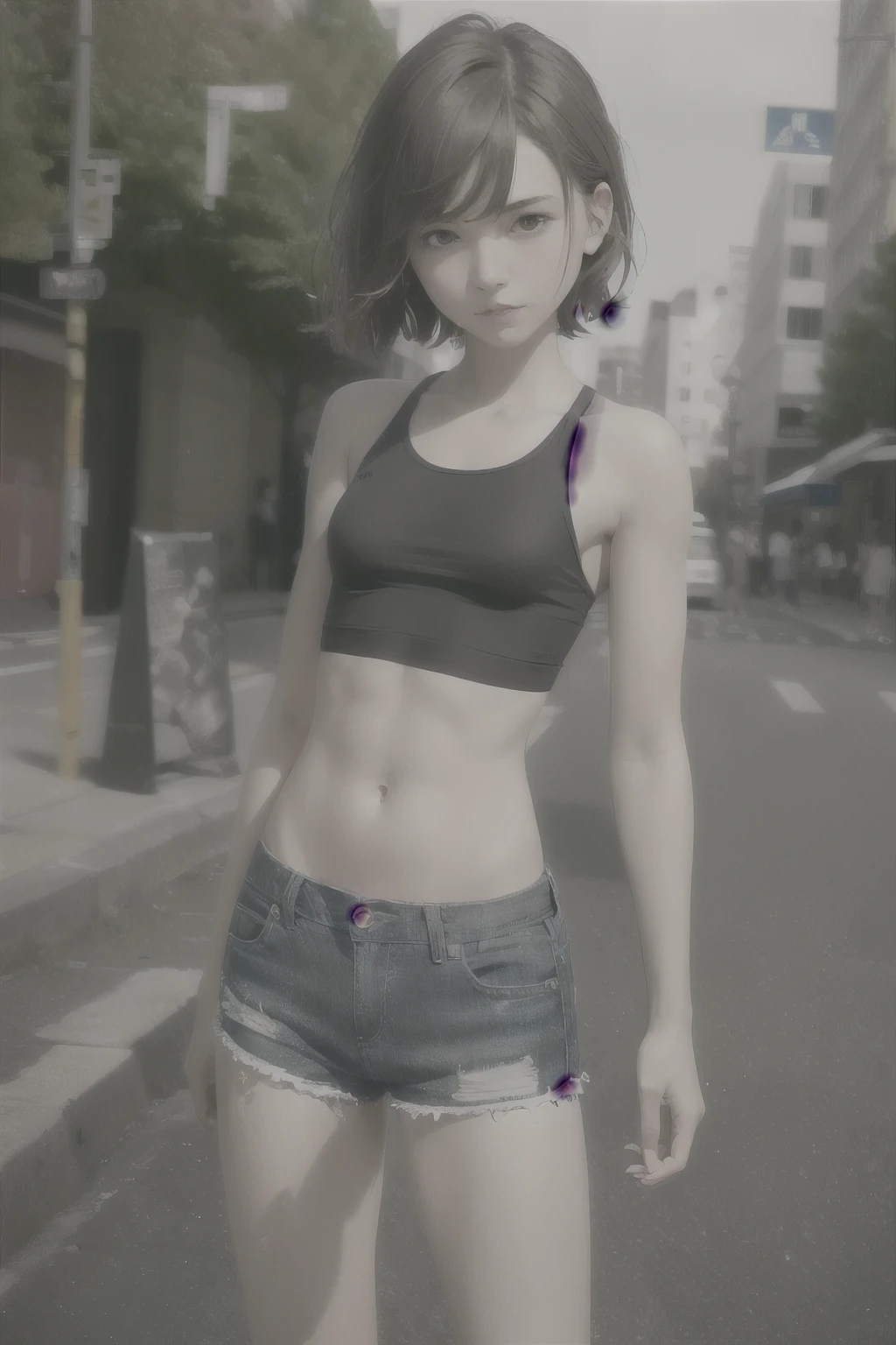 ((Medium chest, tomboy girls, small head)), dawn, sunlight, (chiseled abs : 1.1), (perfect body : 1.1), (wavy short hair : 1.2) , auburn hair, collar, Lock, full body shot, crowded street, Wearing a black tank top, jeans jacket, ((shorts)), (Highly detailed CG 8k wallpaper), (very delicate and beautiful), (masterpiece), (highest quality:1.0), (ultra High resolution:1.0),  beautiful lighting ,perfect lightning, realistic shadow, [High resolution], fine skin, Super detailed 