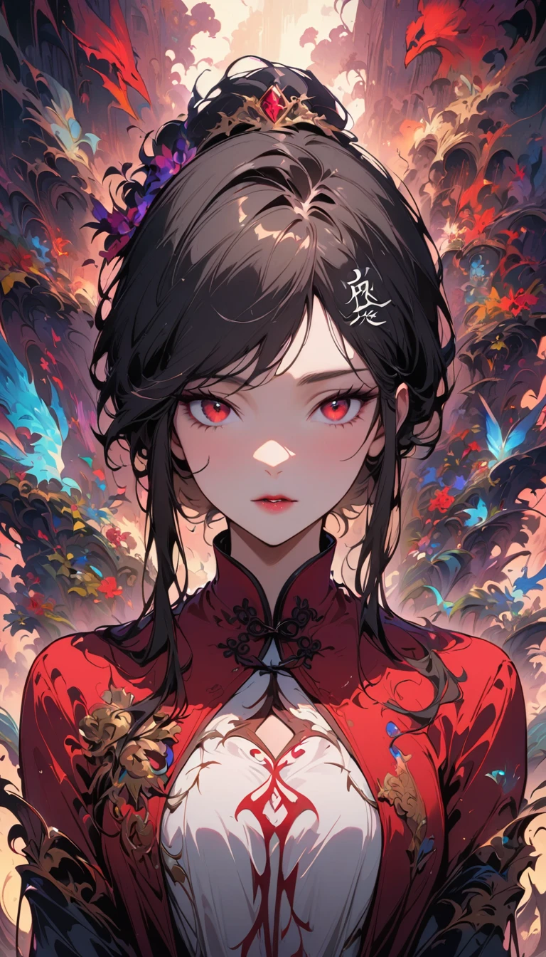 (best quality, movie poster style), a beautiful woman with (a red eye:1.2),(Meaningful Chinese character writing:1.1), combine elements perfectly.