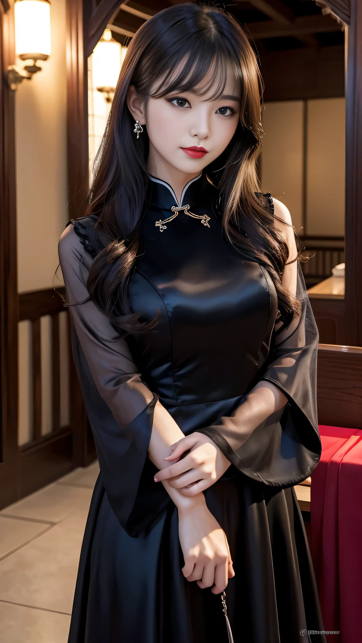 tra-detailed、2girls、Japanese、attractive beauty、seductive adult woman、pretty woman、piercing eyes、cool girl、wavy hair、swept bangs、Long Black Cheongsam、wide sleeves、Evil cadres、evil depravity、brainwash、mind control、lipstick、lip gloss、dark makeup、smirk、whisper in your ear、Evil expression、evil、hollow eyes,half-closed eyes、empty eyes、evil、church at night、vampire、succubus、vampire、Swear allegiance、stand