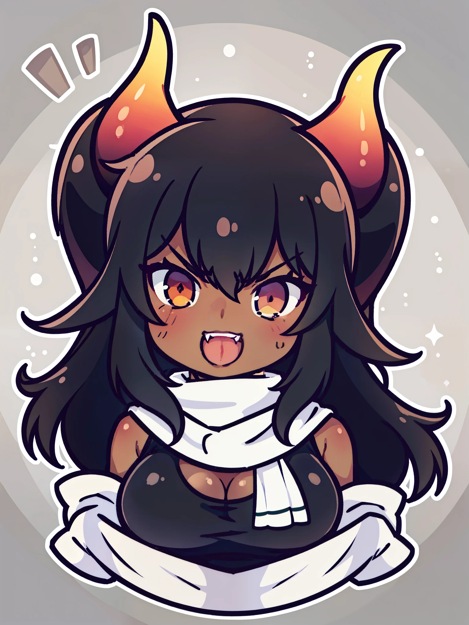 ((1adult woman,solo,milf,mature female)),lipstick,long hair, black hair,,cleavage,horns,elf ears,scarf,(dark skin),(black tank top),(white background),angry,open mouth,smile,chbi,