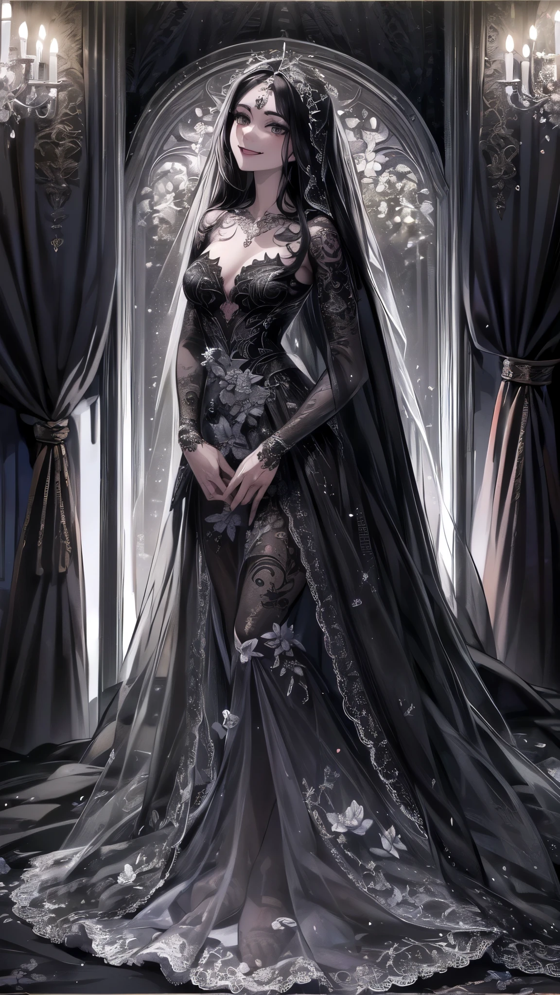 ((highest quality)),(ultra high resolution),(Super detailed),(detailed description),((best CG)),(best work of art),super precision art,amazing drawing art,(Art with precise details:1.5), (Adult woman smiling in a dark room:1.6),(beautiful and well-shaped face:1.5),(transparent black wedding dress:1.6),(Black Wedding Veil:1.5),(flower tattoo:1.5),(gorgeous black bridal shoes:1.4)