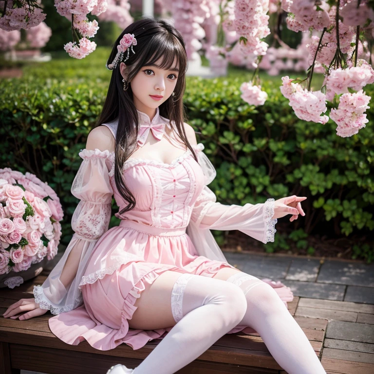 best quality, masterpiece, lifelike, 1 girl, alone, eternal, black hair, Long curly hair, blunt bangs, Smile, pink skirt, pink ta dress, layered skirt, Lolityle long skirt,分層連衣裙 lace-trimmed 裙子, decorate, lace, long sleeve, puff sleeves, wide sleeves, Transparent sleeves, hair accessories, 在flower园里, flower, Detailed background, delicate face,pink blush,white,knee socks, Pink shoes,cold,Lots of lace,((masterpiece))、(top quality)、8K、high detail、super detailed、 21 years old female,穿着pink lolita d((dreamy atmosphere:1.1))、Seductive and whimsical style、masterpiece、born、Scenes resembling fairy tale illustrations、Intricate details showcase the ruffles and intricate designs of the Lolita dressutifully、magic、capricious、 beautifully、Dream aesthetics、「𝓡𝓸𝓶𝓪𝓷𝓽𝓲𝓬、ethereal、charming、fickle、magic」、realism、Visual effects、FXAA、SSAO、shader、voiceless、environmental lighting、Tone mapping、High resolution、ultra high definition、megapixel、(8K resolution:1.10)、8K、Below 8K、8K resolution、high detail、intricate details、A look of surprise and awe on her face、 (high quality:1.2、masterpiece:1.2、:1.21)、(21 years old female:1.21)、(興奮地Smile)、(Surrounded by the dreamy atmosphere of an amusement par色洛丽塔连衣裙、Her eyes were full of surprise and joy、I took a lot of geek photos、、High heel、Model diagram,full-body shot,Knee-high white lace socks,Sweet Lolita,Normal 2 ,Pink shoes,Baotou shoes,full-body shot,baby star dress,have,Don't show your fingers,cold,Emphasize the volume of the skirt,exposed,huge ,white underwear,The skirt flew up